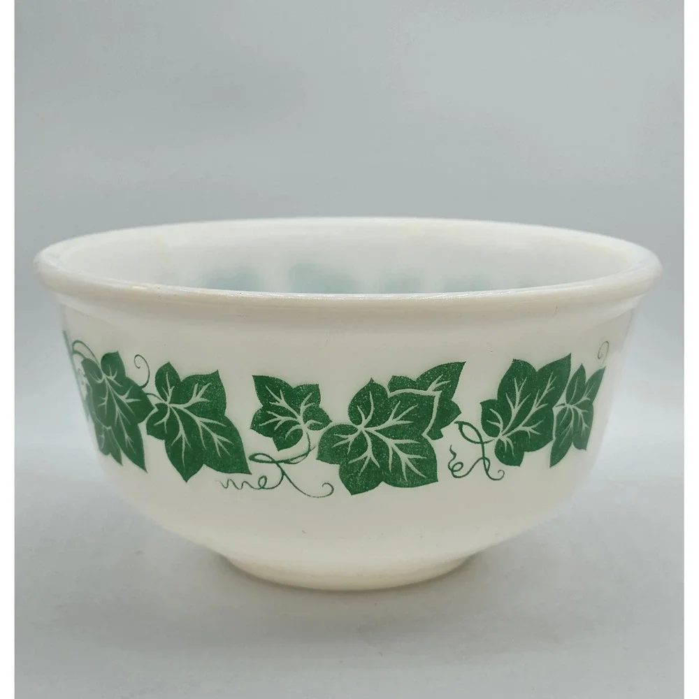 Vintage Hazel Atlas Milk Glass Ivy Leaf Mixing Bowl Green White 8 Inch MCM